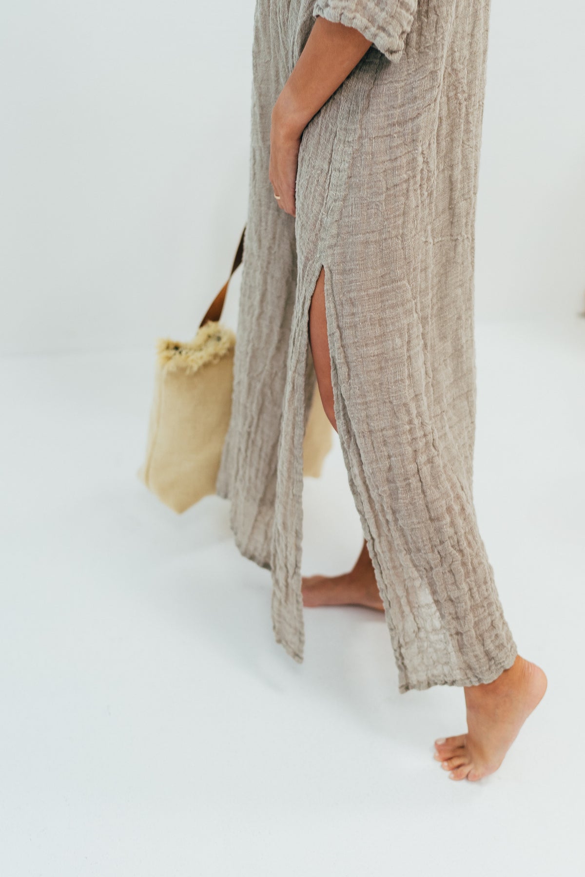 Long gauze Linen Cover Up Dress with ¾ Sleeves