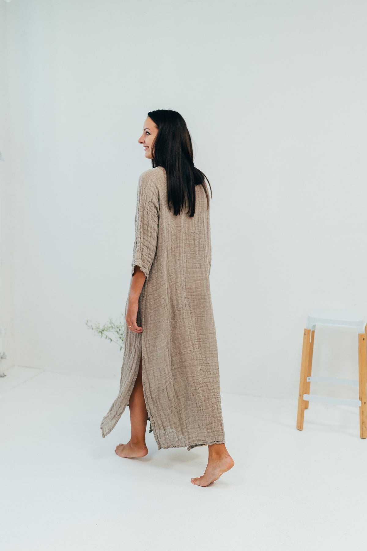Long gauze Linen Cover Up Dress with ¾ Sleeves