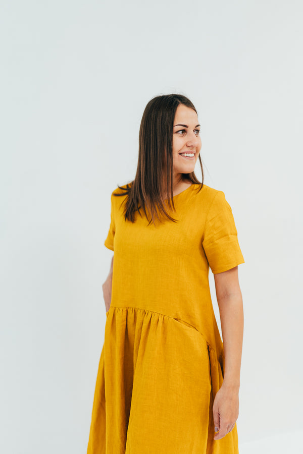 mustard linen dress Loose with Pockets Maira princess seams Plus Size Faux Leather Size:62 Short PRD-ColDesc_WHITE