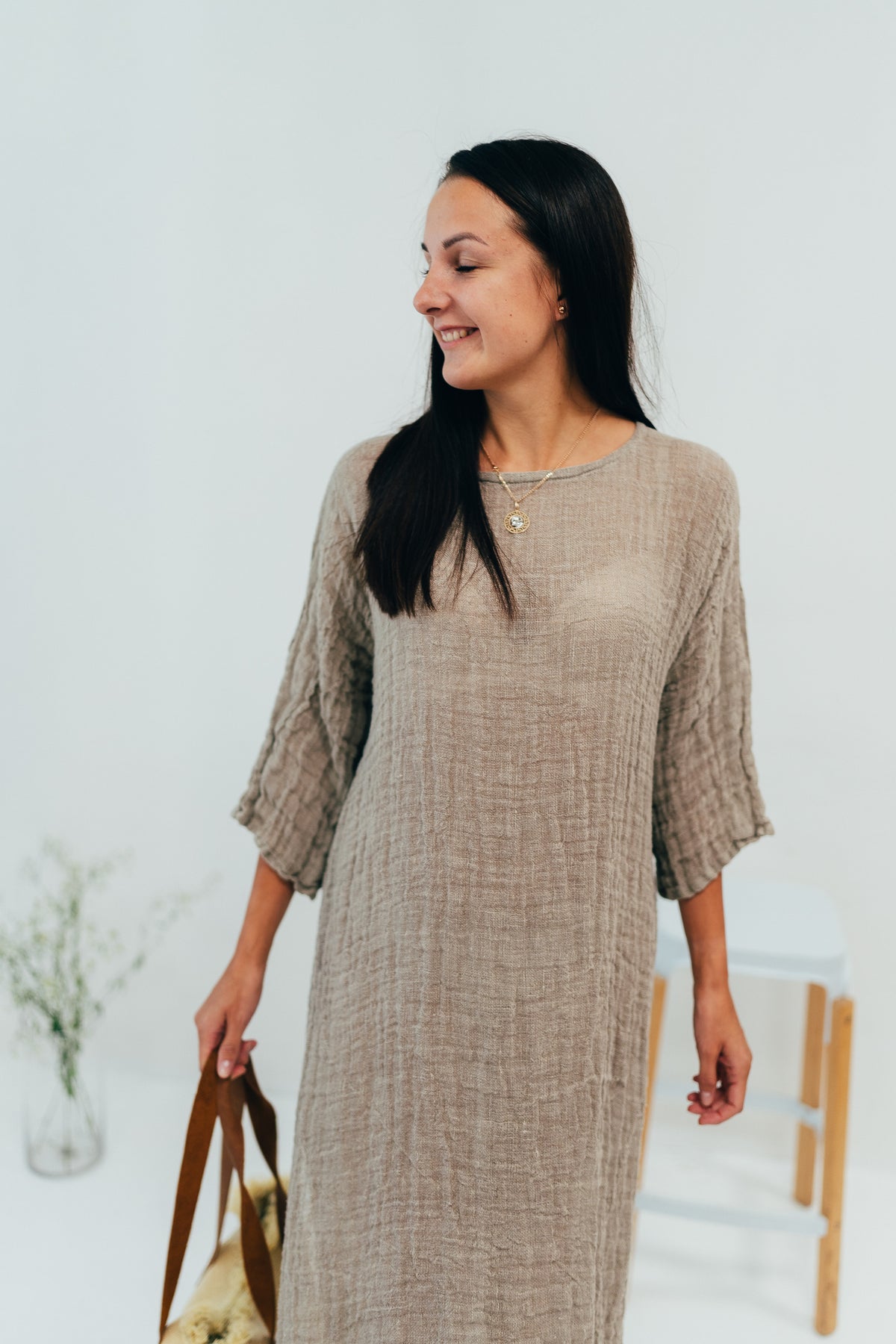 Long gauze Linen Cover Up Dress with ¾ Sleeves - Linenbee