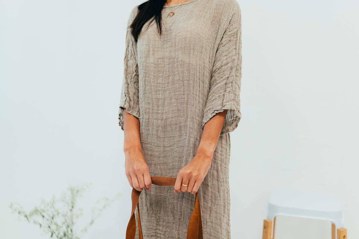 Long gauze Linen Cover Up Dress with ¾ Sleeves