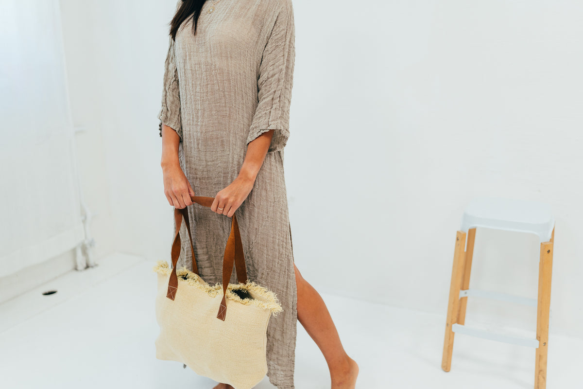 Long gauze Linen Cover Up Dress with ¾ Sleeves