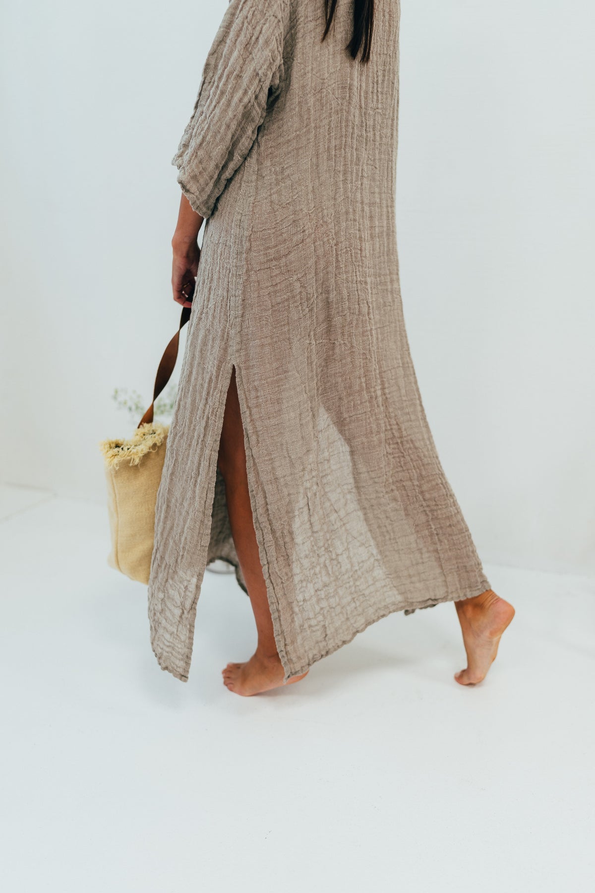 Long gauze Linen Cover Up Dress with ¾ Sleeves