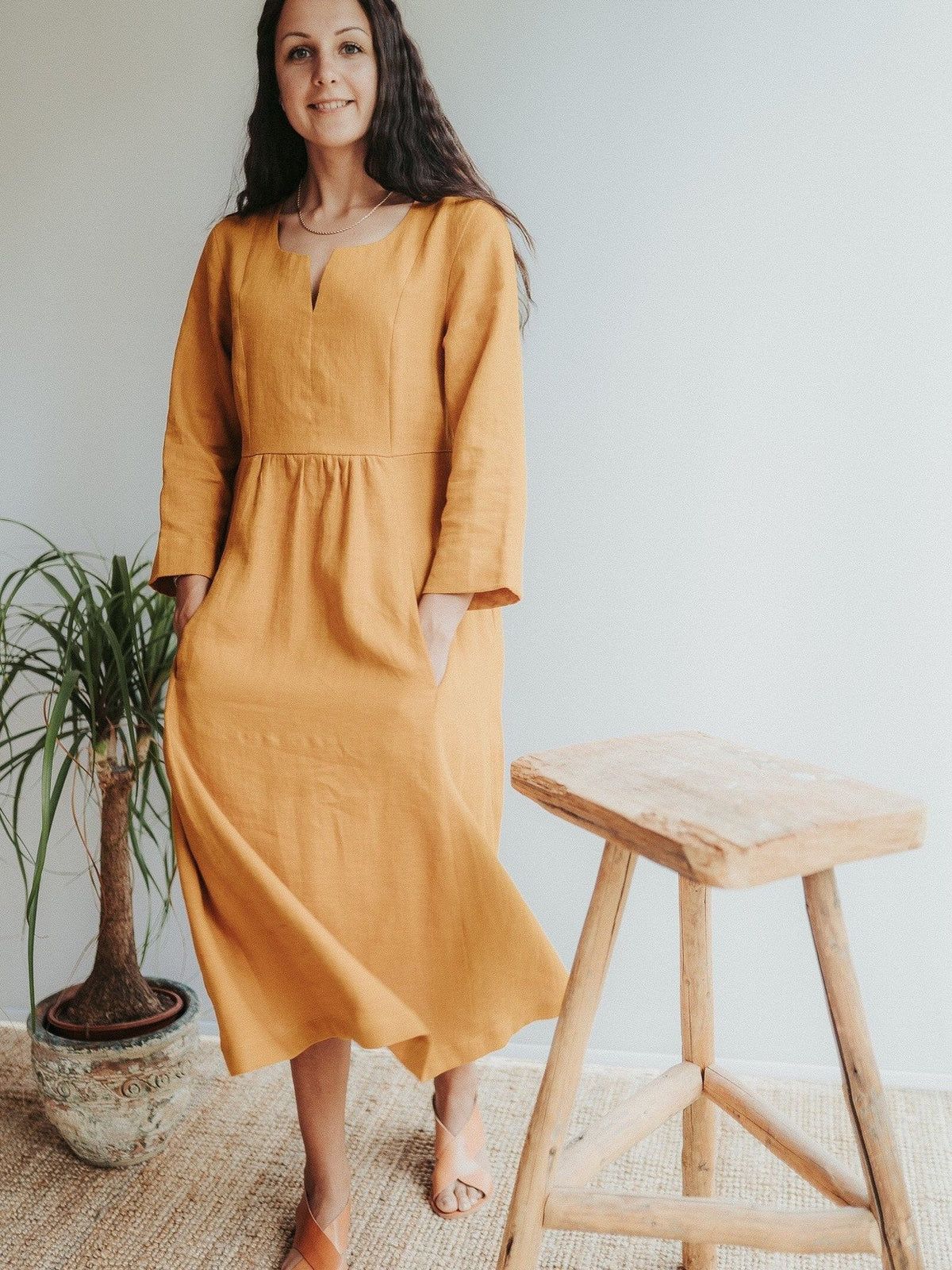 Linen Dress with 3/4 Sleeves and Princess Seams &#39;Delilah&#39;, Midi length