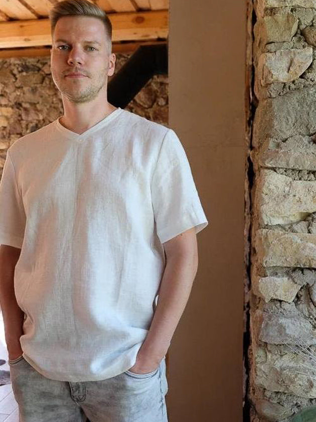 Mens Linen T-Shirt with Short Sleeves, Linen V-Neck shirt