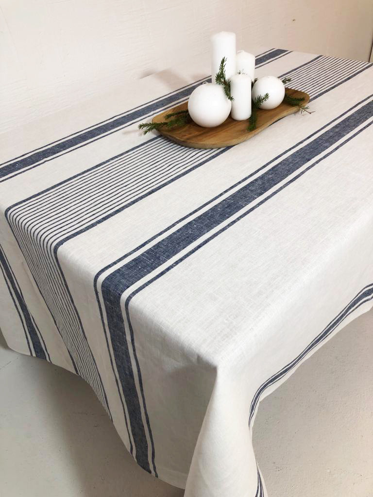Dark Blue Ticking Tablecloth from Linen
