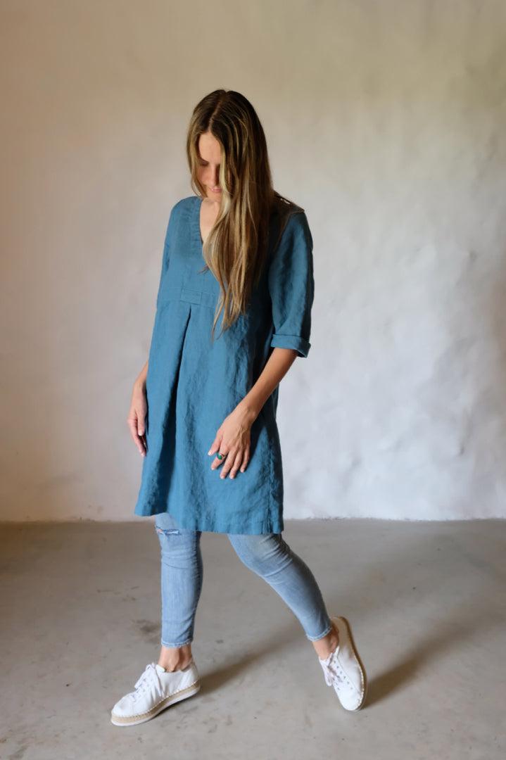 Checkered Linen Tunic 'Yvette', Dark Navy Blue Tunic Plus size tunic - Linenbee Checkered Linen Tunic 'Yvette', Dark Navy Blue Tunic Plus size tunic - Linenbee