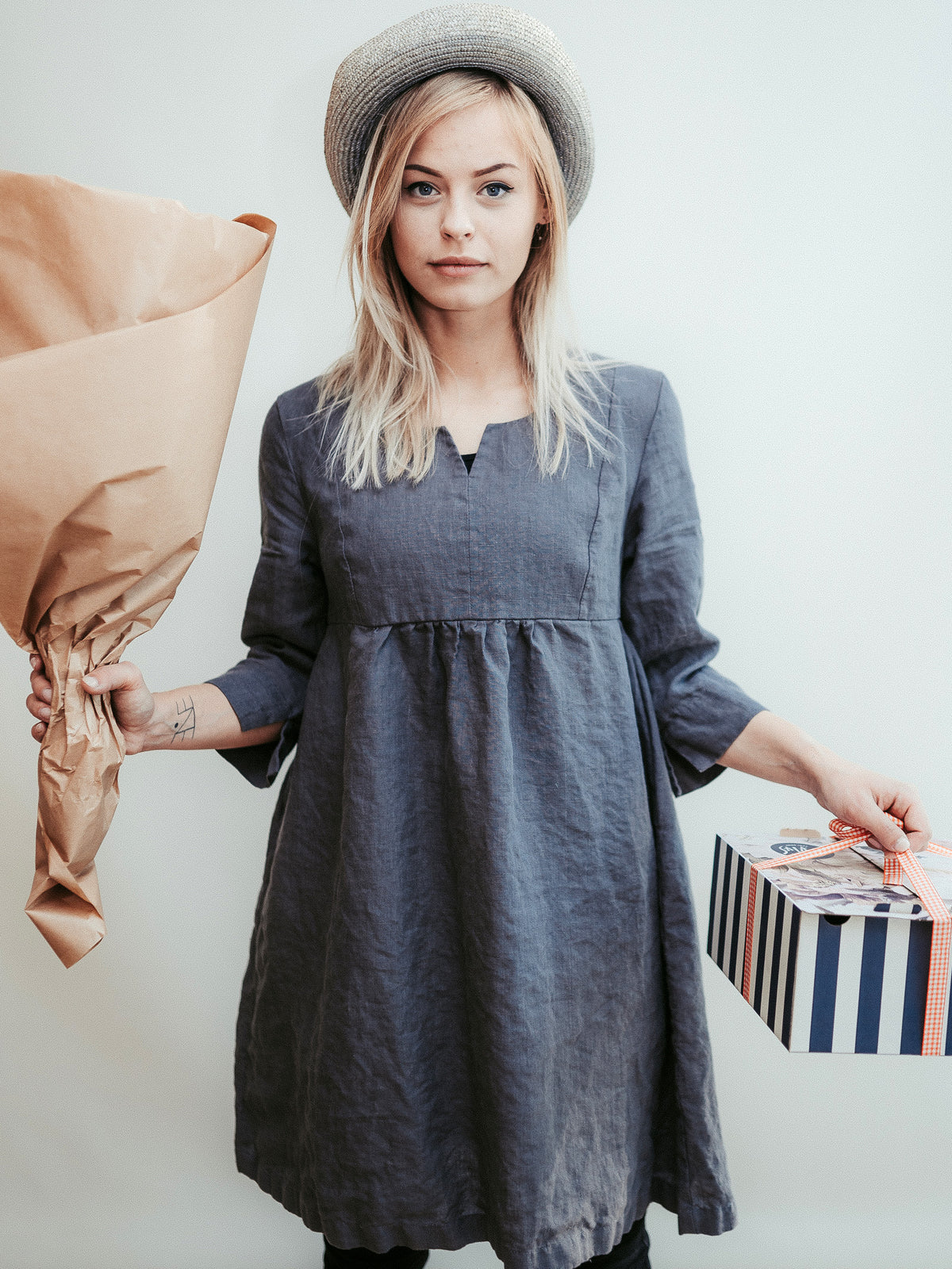Linen Tunic Dress &#39;Lilah&#39; with 3/4 Sleeves and Princess Seams
