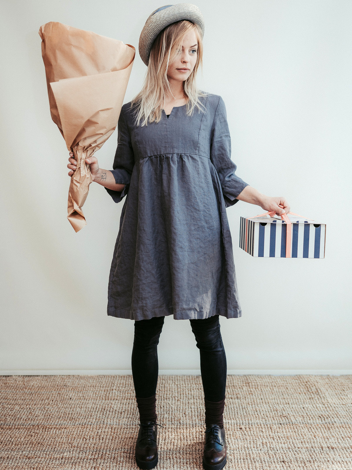 Linen Tunic Dress &#39;Lilah&#39; with 3/4 Sleeves and Princess Seams