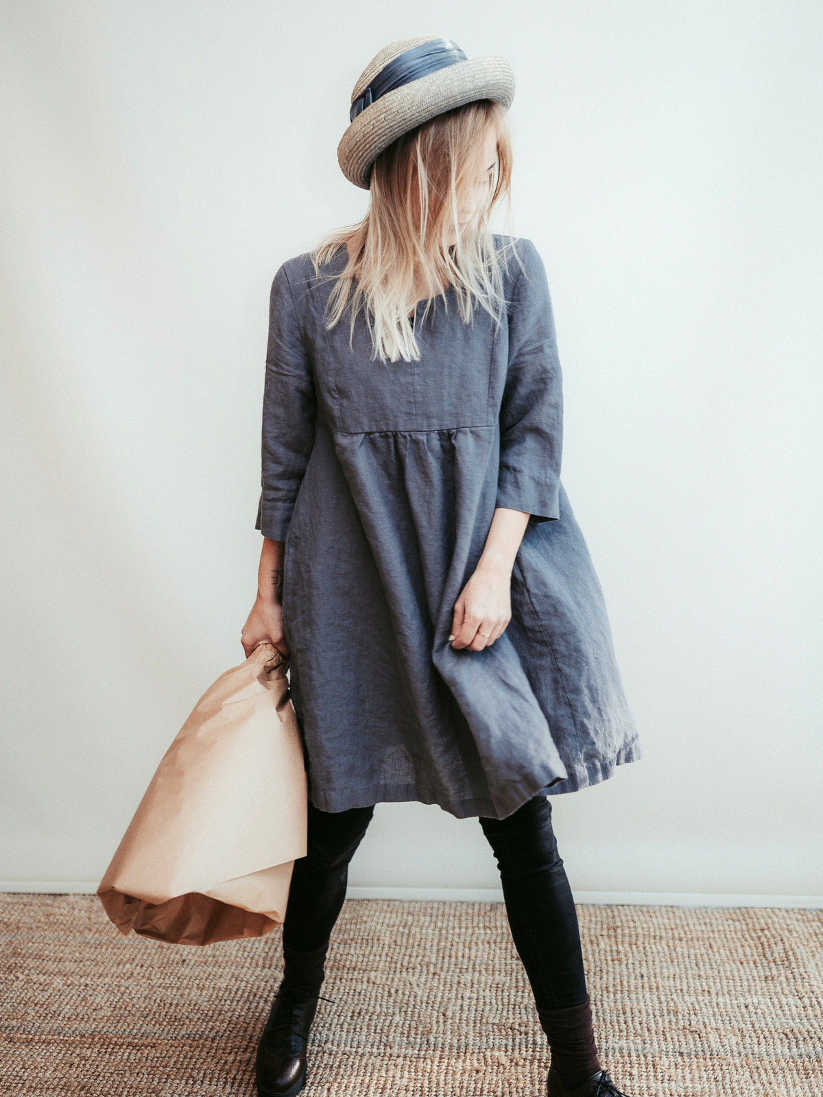 Linen Tunic Dress &#39;Lilah&#39; with 3/4 Sleeves and Princess Seams