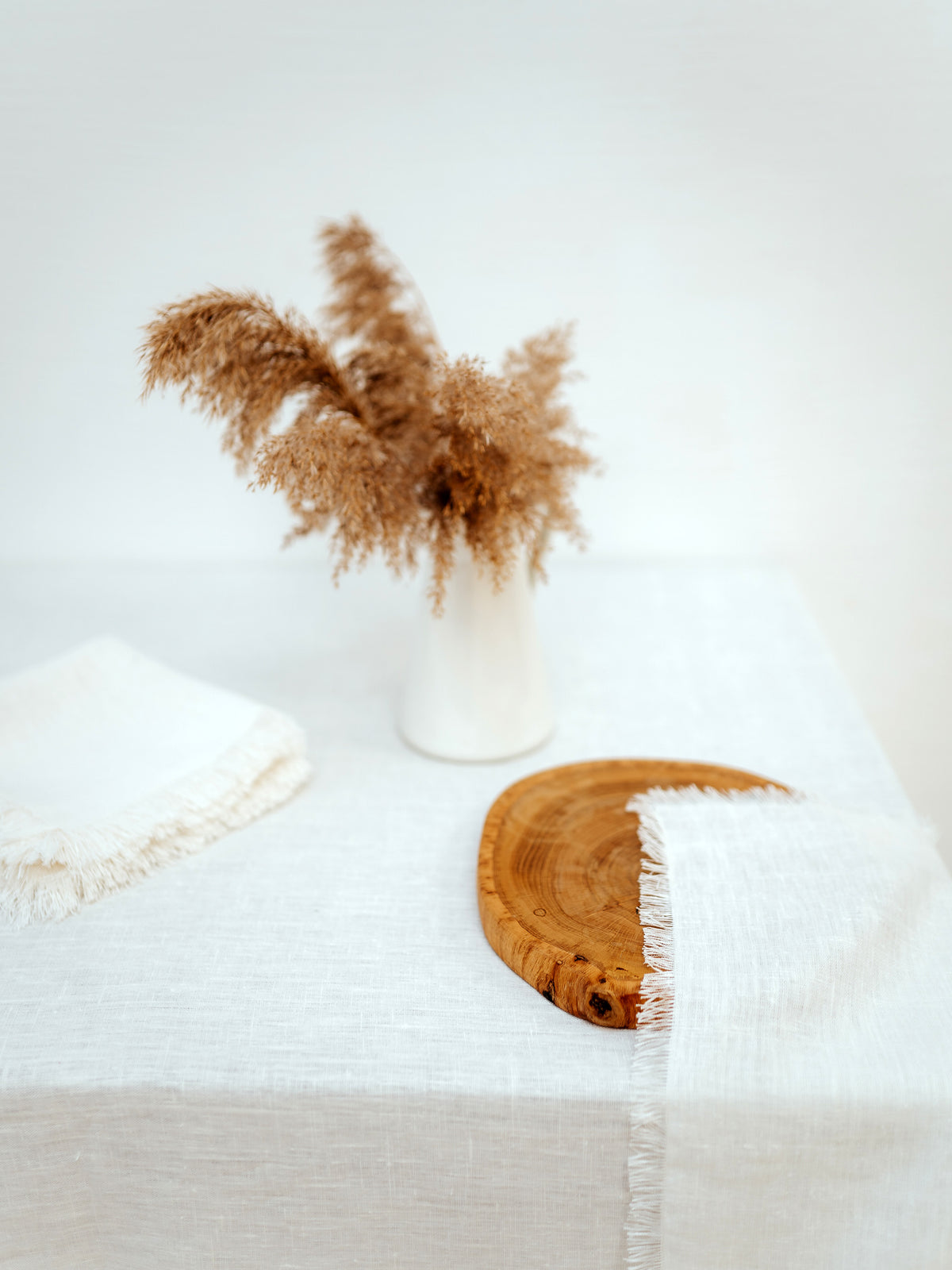 Milky White, Textured Linen Tablecloth with a Fringe, Classic Linen Tablecloth