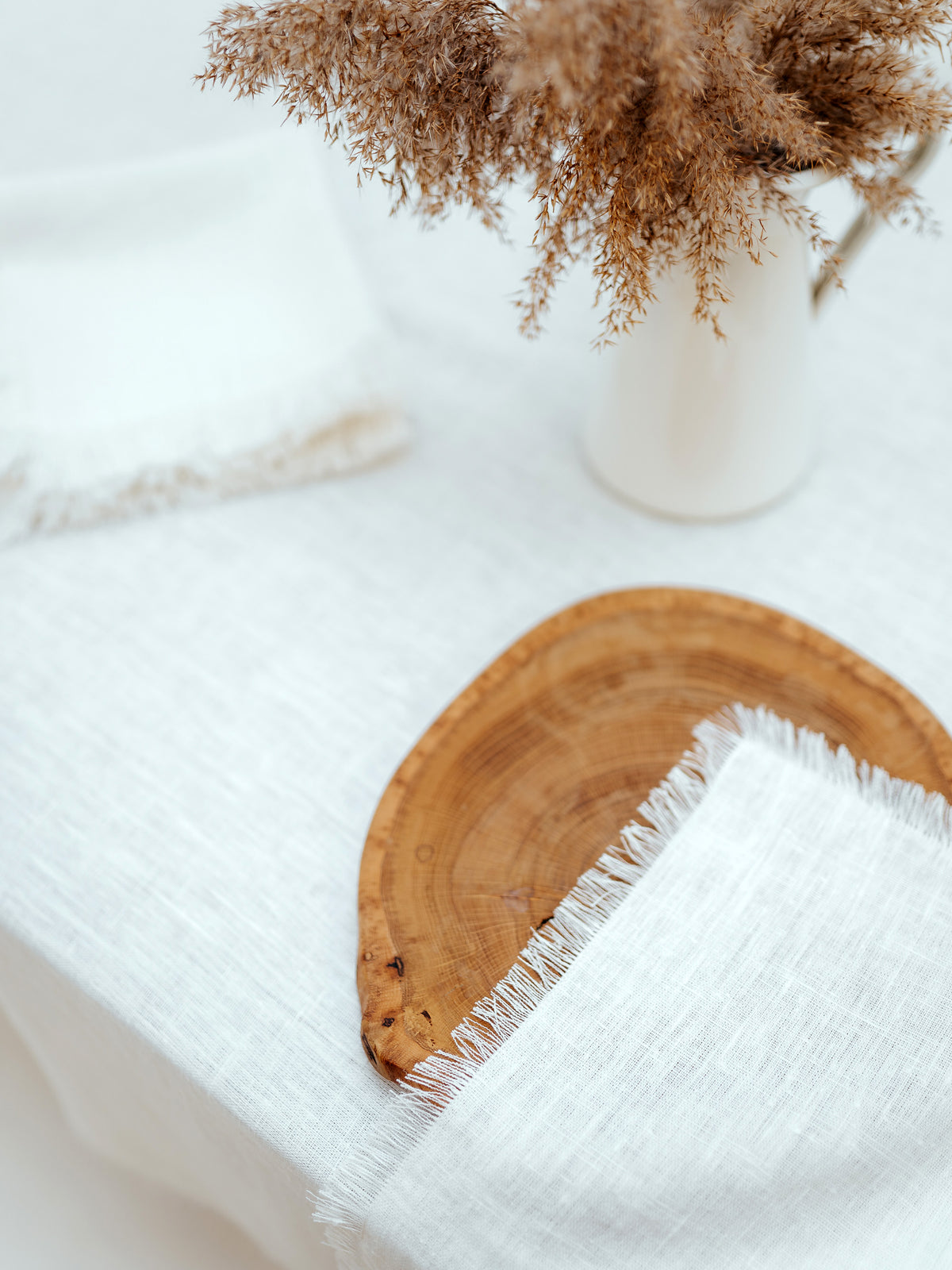 Milky White, Textured Linen Tablecloth with a Fringe, Classic Linen Tablecloth