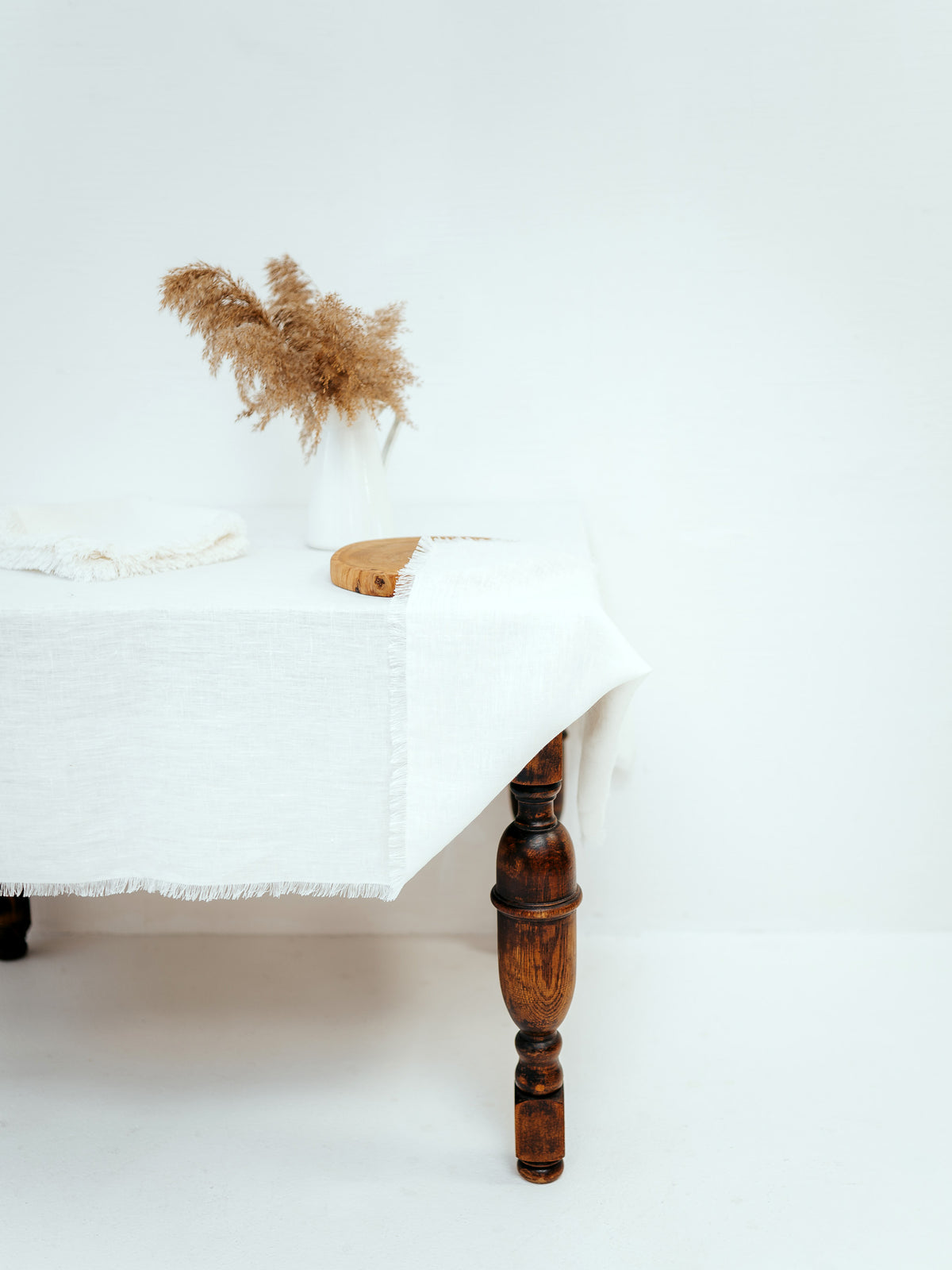 Milky White, Textured Linen Tablecloth with a Fringe, Classic Linen Tablecloth