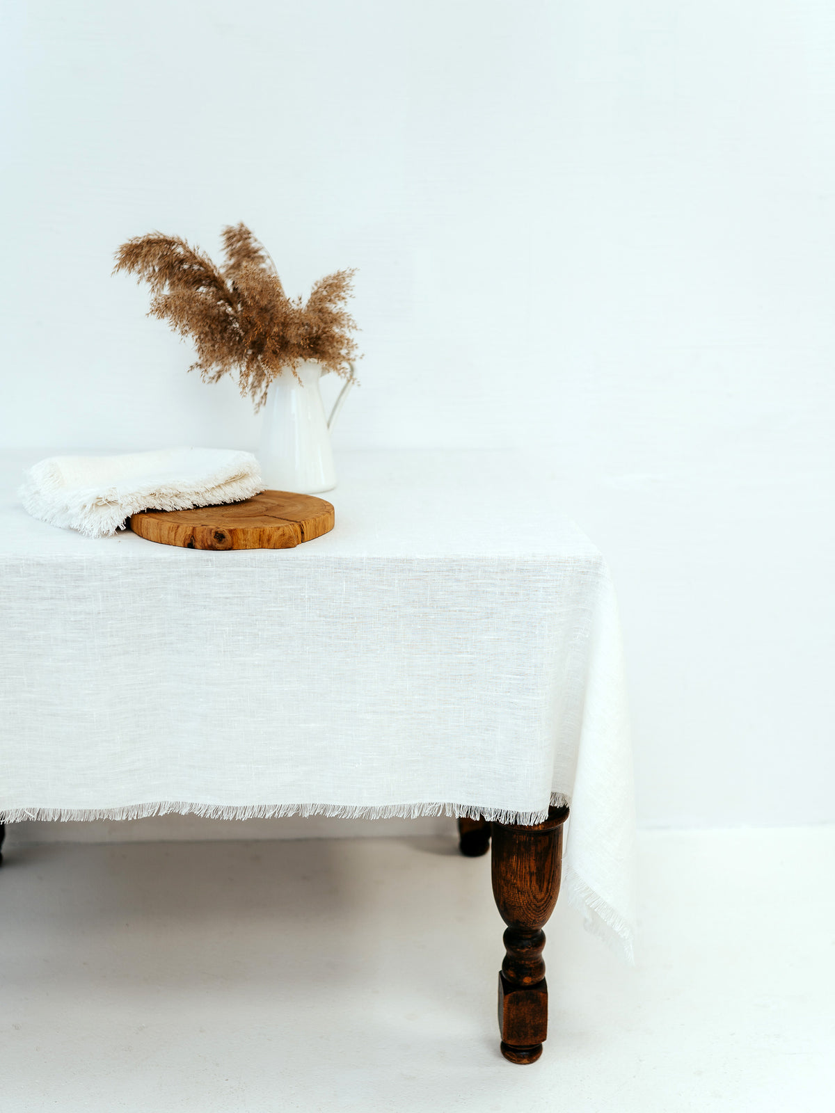 Milky White, Textured Linen Tablecloth with a Fringe, Classic Linen Tablecloth