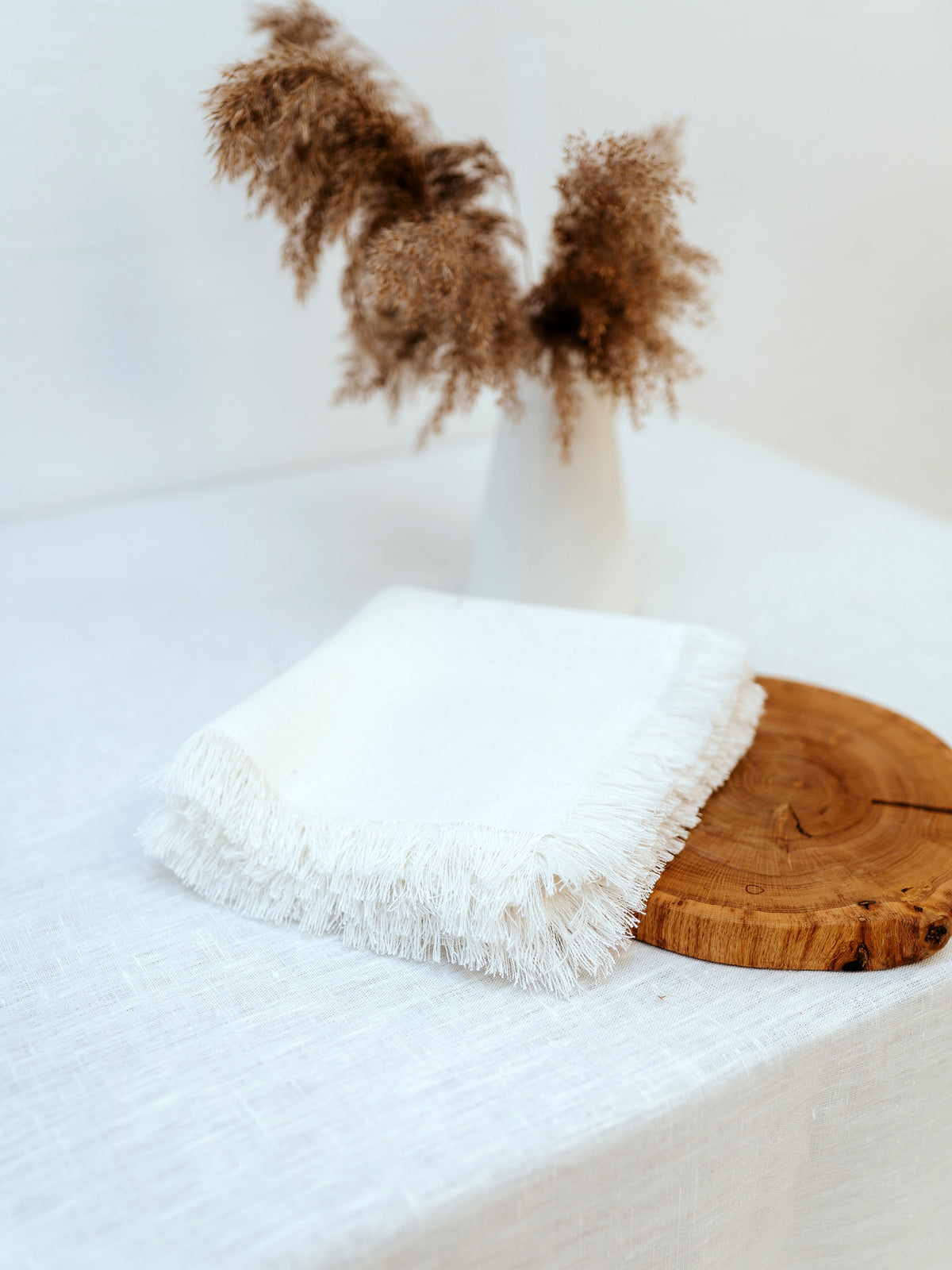 Milky White, Textured Linen Tablecloth with a Fringe, Classic Linen Tablecloth
