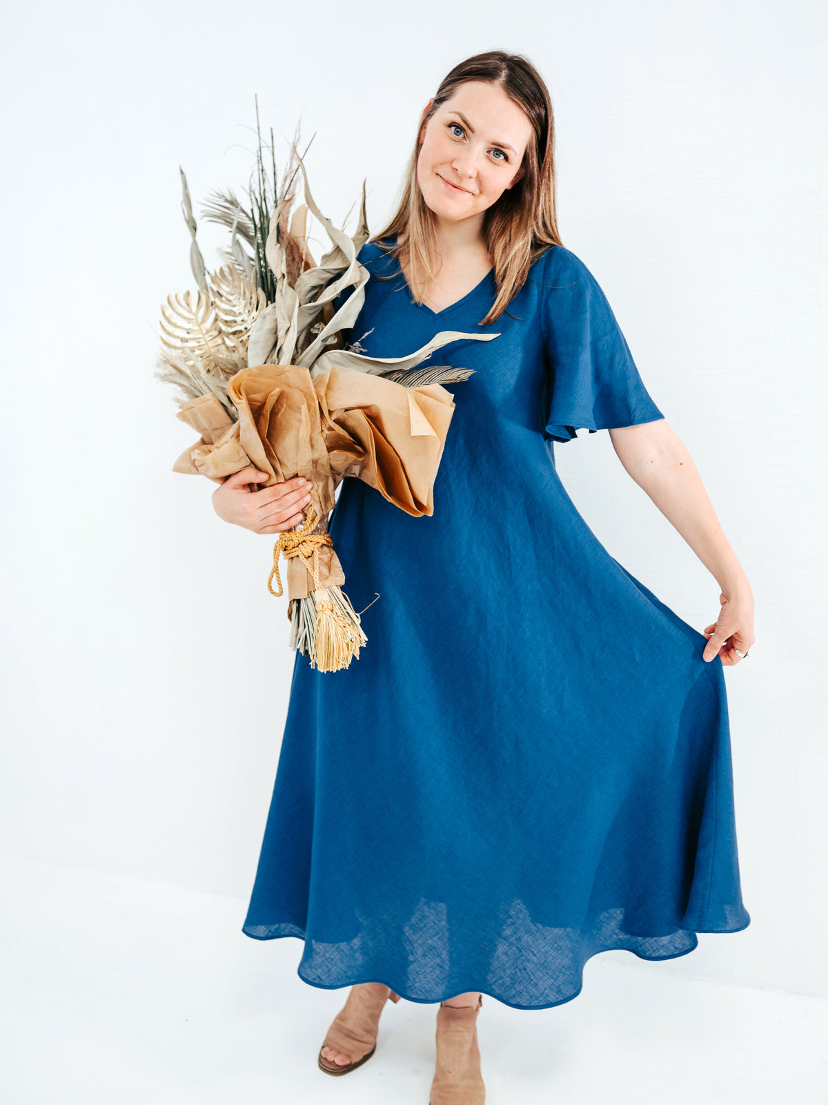 Linen Maxi Dress &#39;Jasmine&#39;, bias cut linen dress with bell sleeves