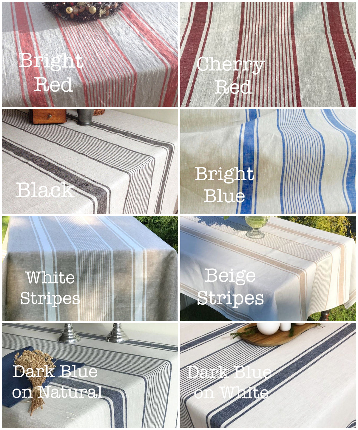 Linen tablecloth, French country dark blue striped table cloth