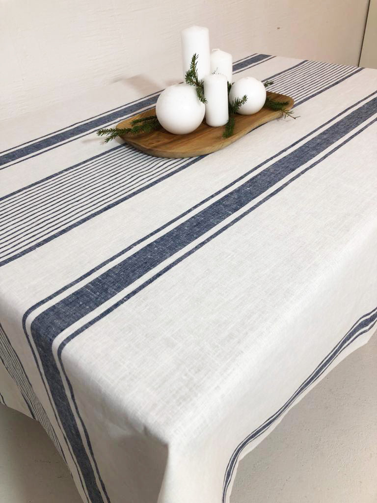Dark Blue Ticking Tablecloth from Linen