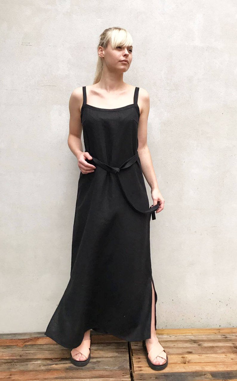 Ready to Ship:Black Linen Cami Dress, Size S - Linenbee