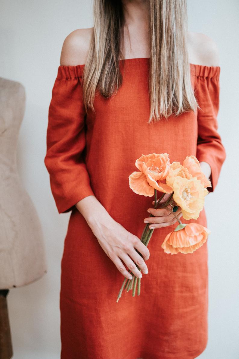 Off Shoulder Linen Dress 'Brigitte' - Linenbee Off Shoulder Linen Dress 'Brigitte' - Linenbee