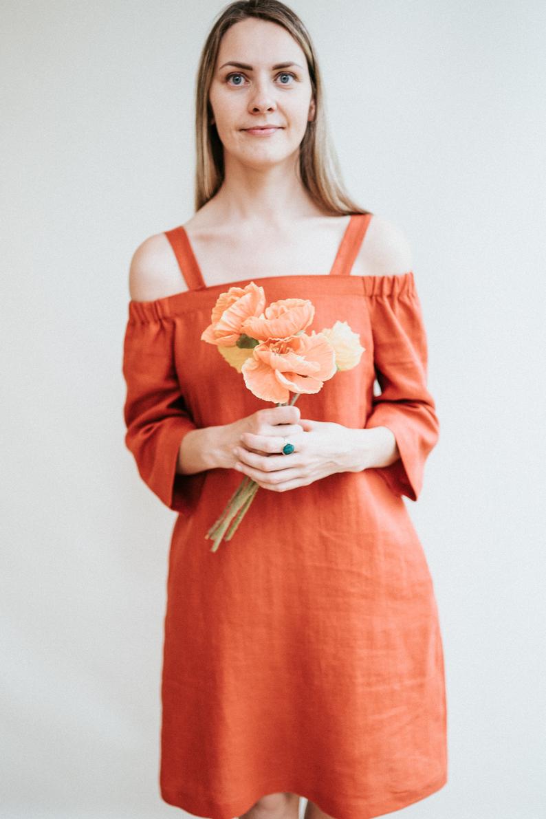 Off Shoulder Linen Dress 'Brigitte' - Linenbee Off Shoulder Linen Dress 'Brigitte' - Linenbee