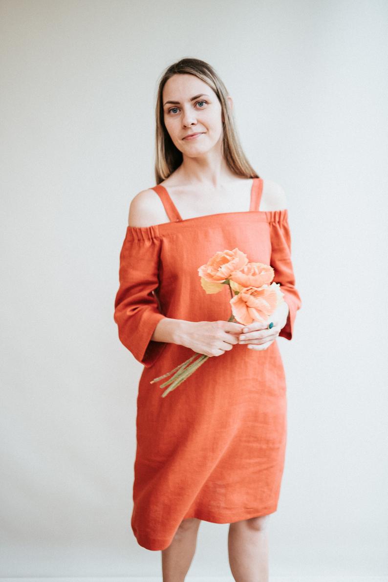 Off Shoulder Linen Dress 'Brigitte' - Linenbee Off Shoulder Linen Dress 'Brigitte' - Linenbee