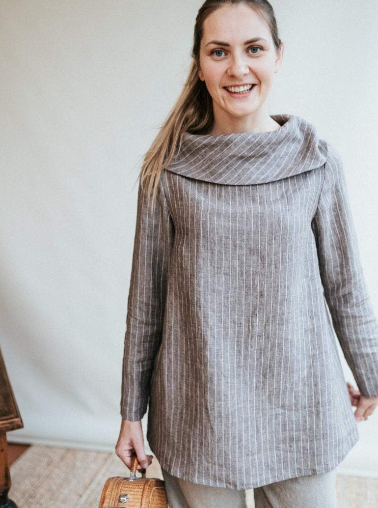 &#39;Charlotte&#39; Elegant Linen Tunic Top with Raised Neck