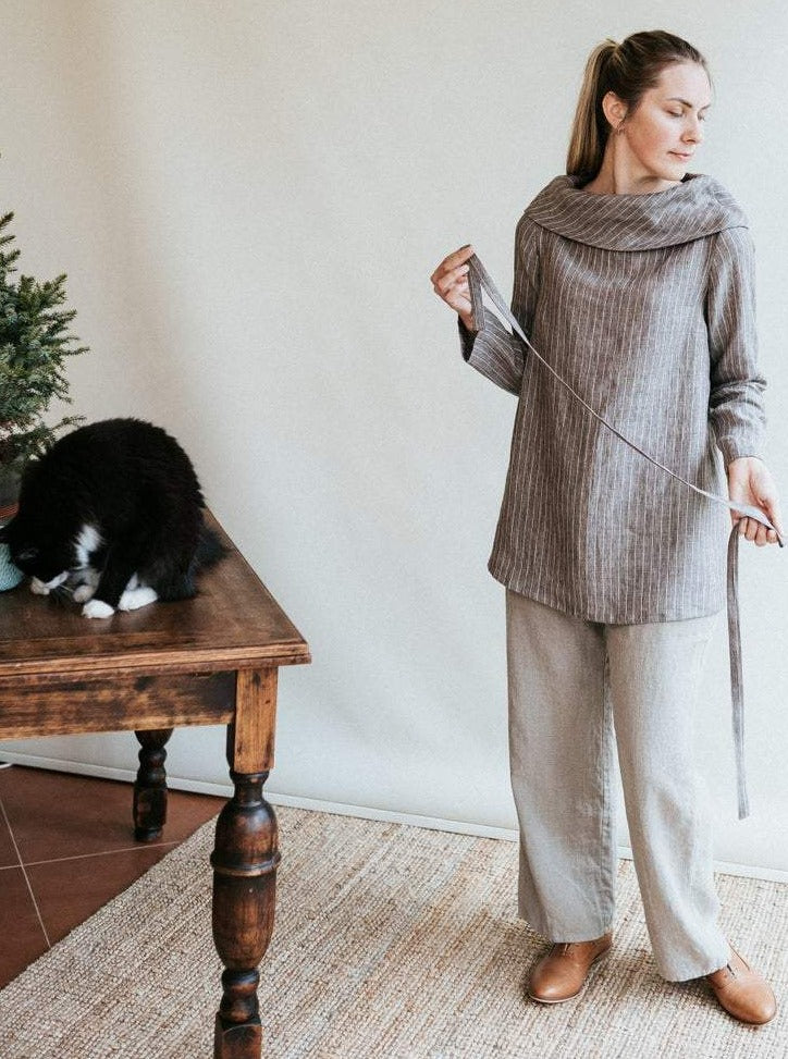&#39;Charlotte&#39; Elegant Linen Tunic Top with Raised Neck