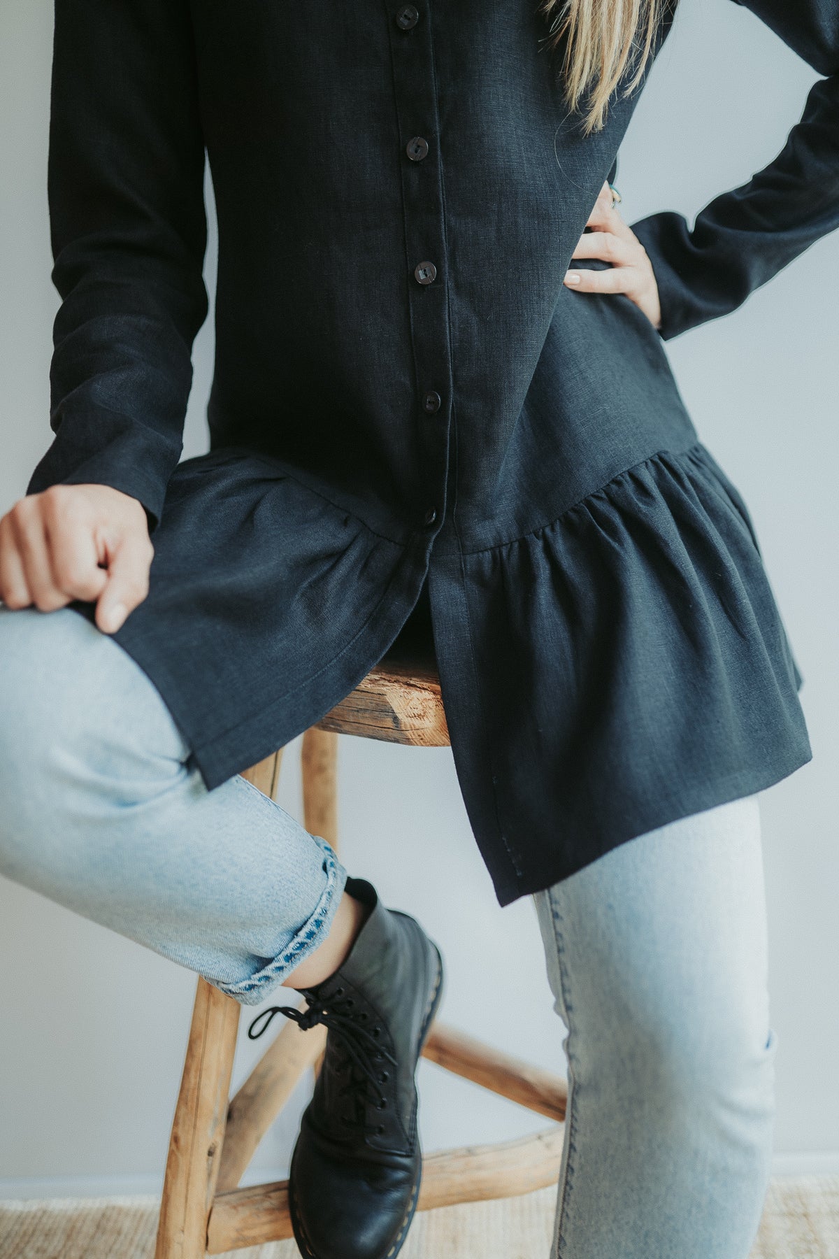 Linen Shirt with Extended Ruffle &#39;Leigh&#39;, Button Down Linen Tunic