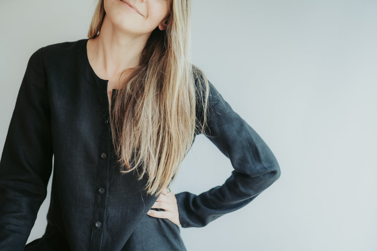 Linen Shirt with Extended Ruffle &#39;Leigh&#39;, Button Down Linen Tunic