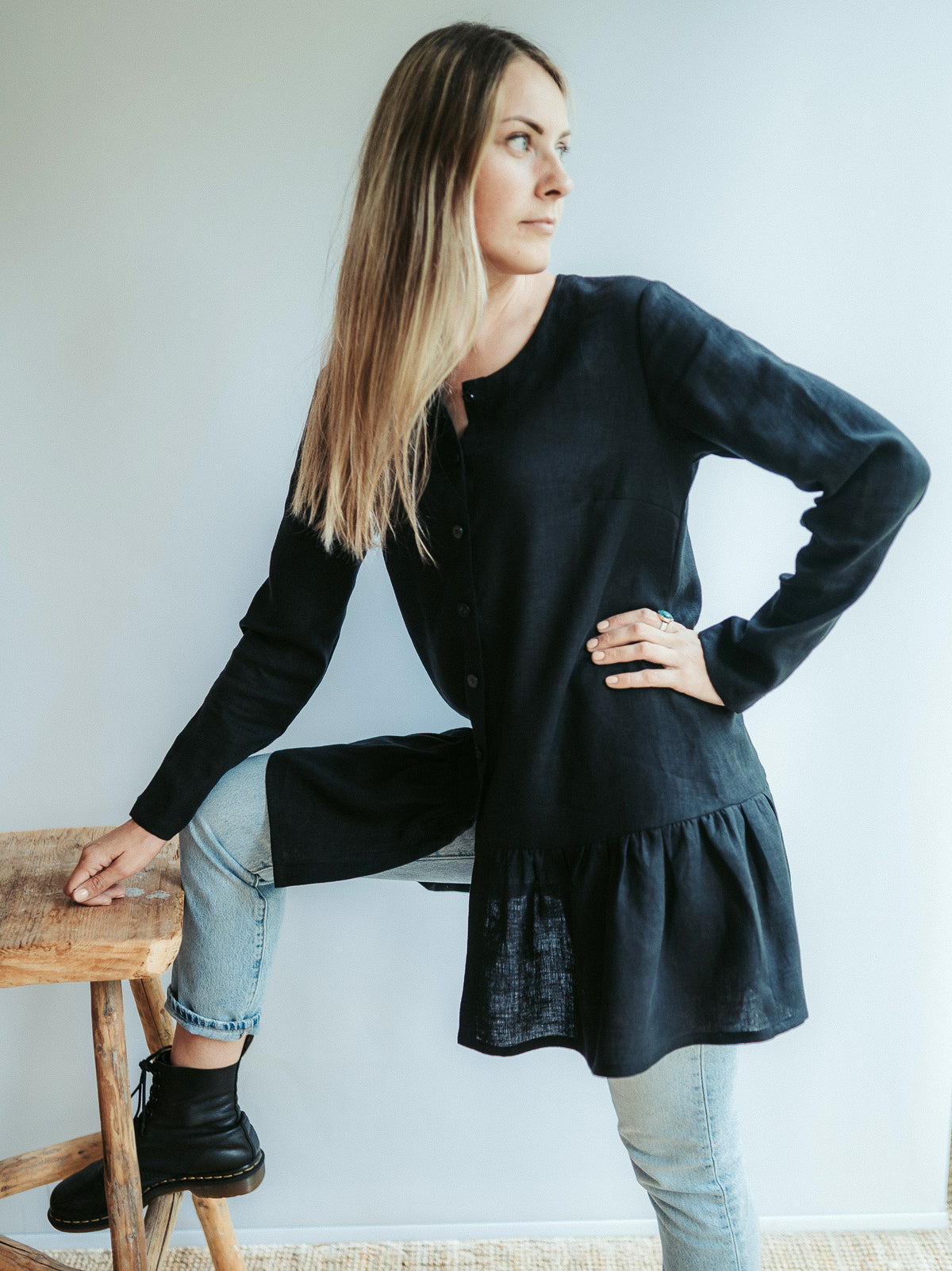 Linen Shirt with Extended Ruffle &#39;Leigh&#39;, Button Down Linen Tunic