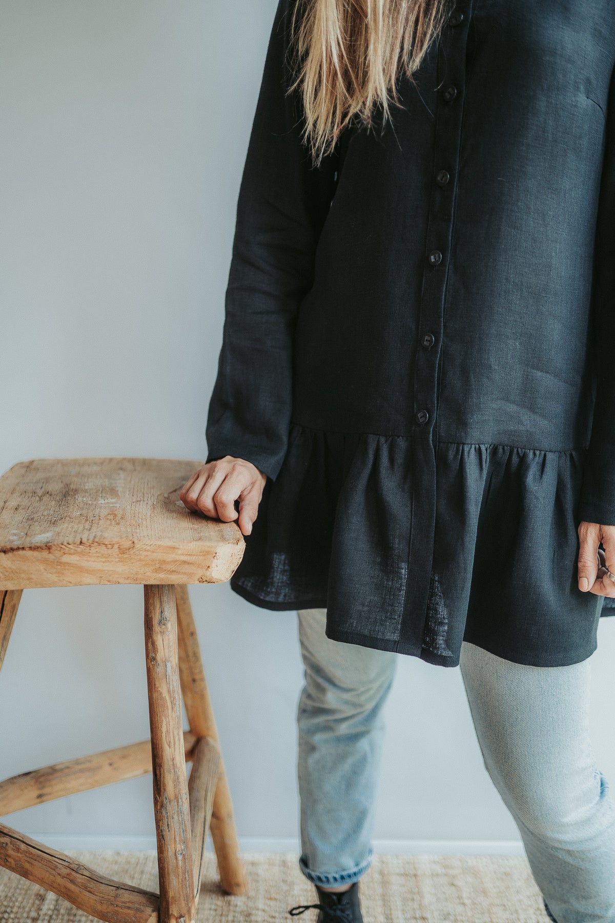 Linen Shirt with Extended Ruffle &#39;Leigh&#39;, Button Down Linen Tunic