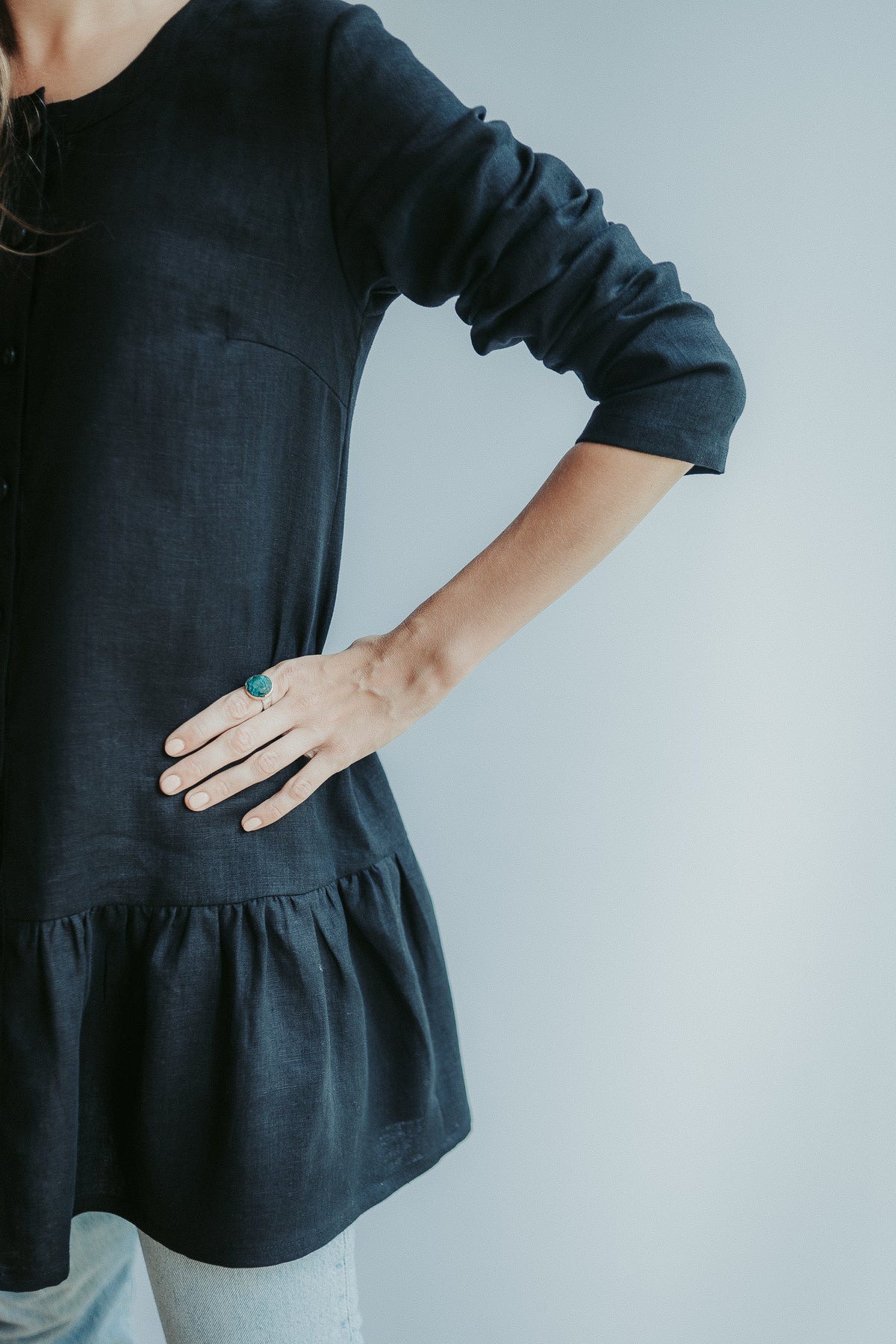 Linen Shirt with Extended Ruffle &#39;Leigh&#39;, Button Down Linen Tunic