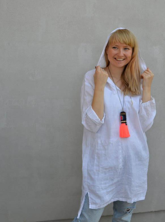 Hooded Tunic, White Linen Tunic Top-Linenbee
