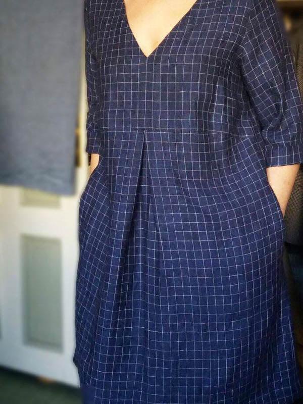 Checkered Linen Tunic &#39;Yvette&#39;, Dark Navy Blue Tunic Plus size tunic-Linenbee