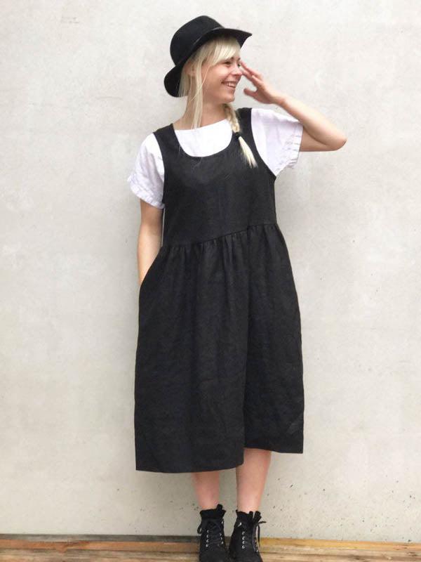 Linen Pinafore Dress, Black Linen Sundress-Linenbee