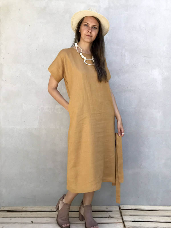 Long Linen Tunic Dress &#39;Rebecca&#39; with Short Sleeves-Linenbee