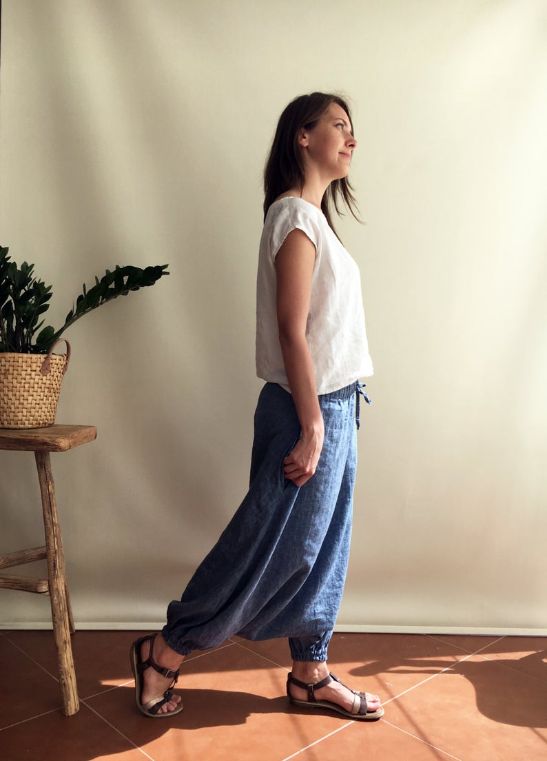 Ready to Ship: Blue Linen Harem Pants Size XS, Linen Yoga pants