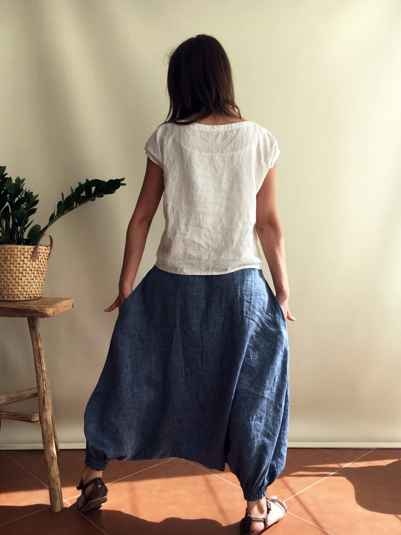 Ready to Ship: Blue Linen Harem Pants Size XS, Linen Yoga pants
