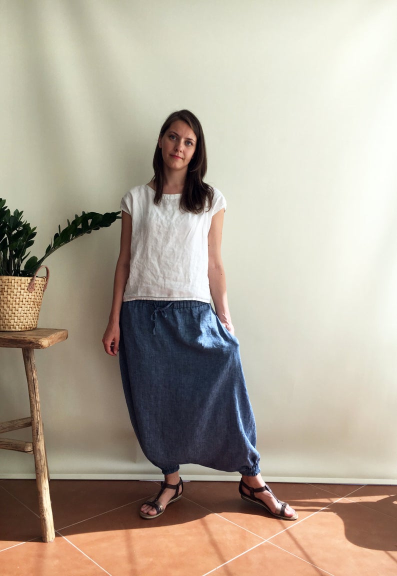 Ready to Ship: Blue Linen Harem Pants Size XS, Linen Yoga pants