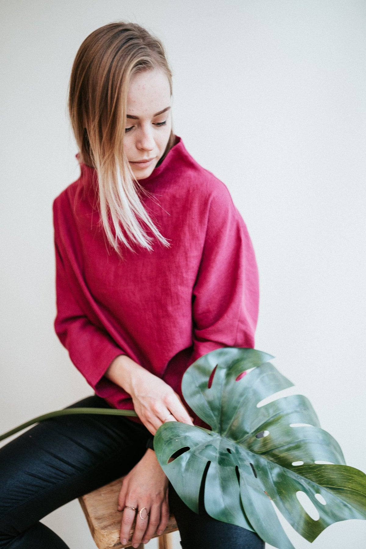 Classy Linen Top with 3/4 sleeves and Raised Neck