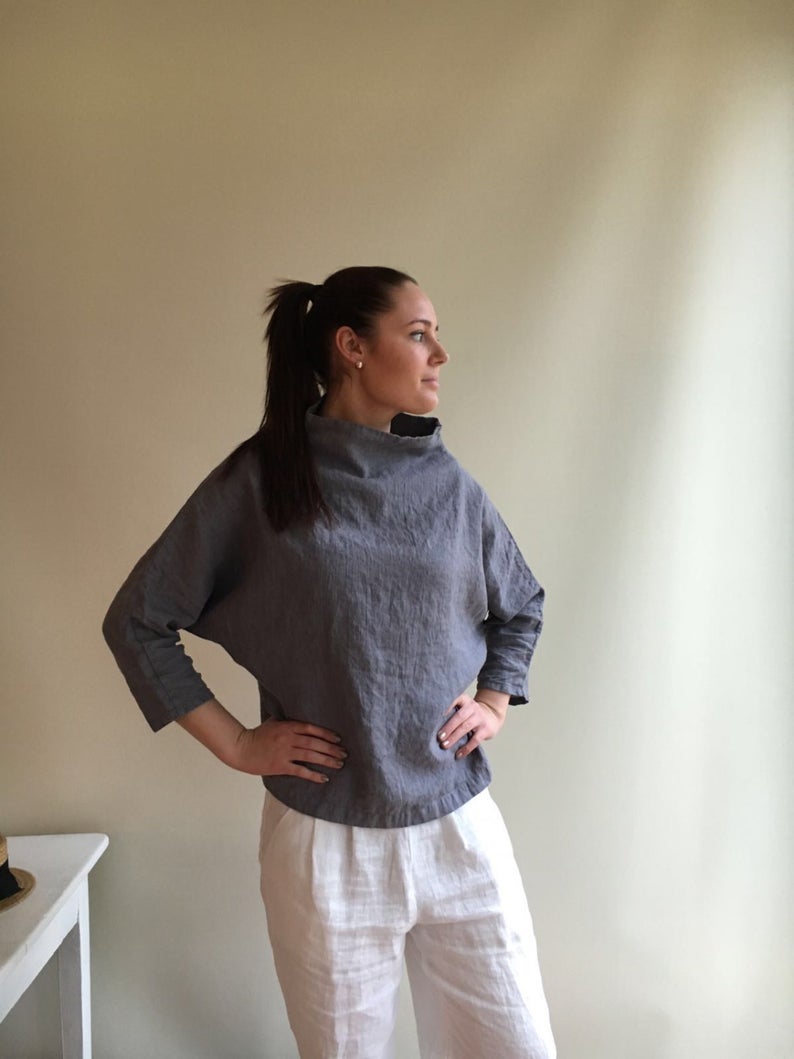 Classy Linen Top with 3/4 sleeves and Raised Neck