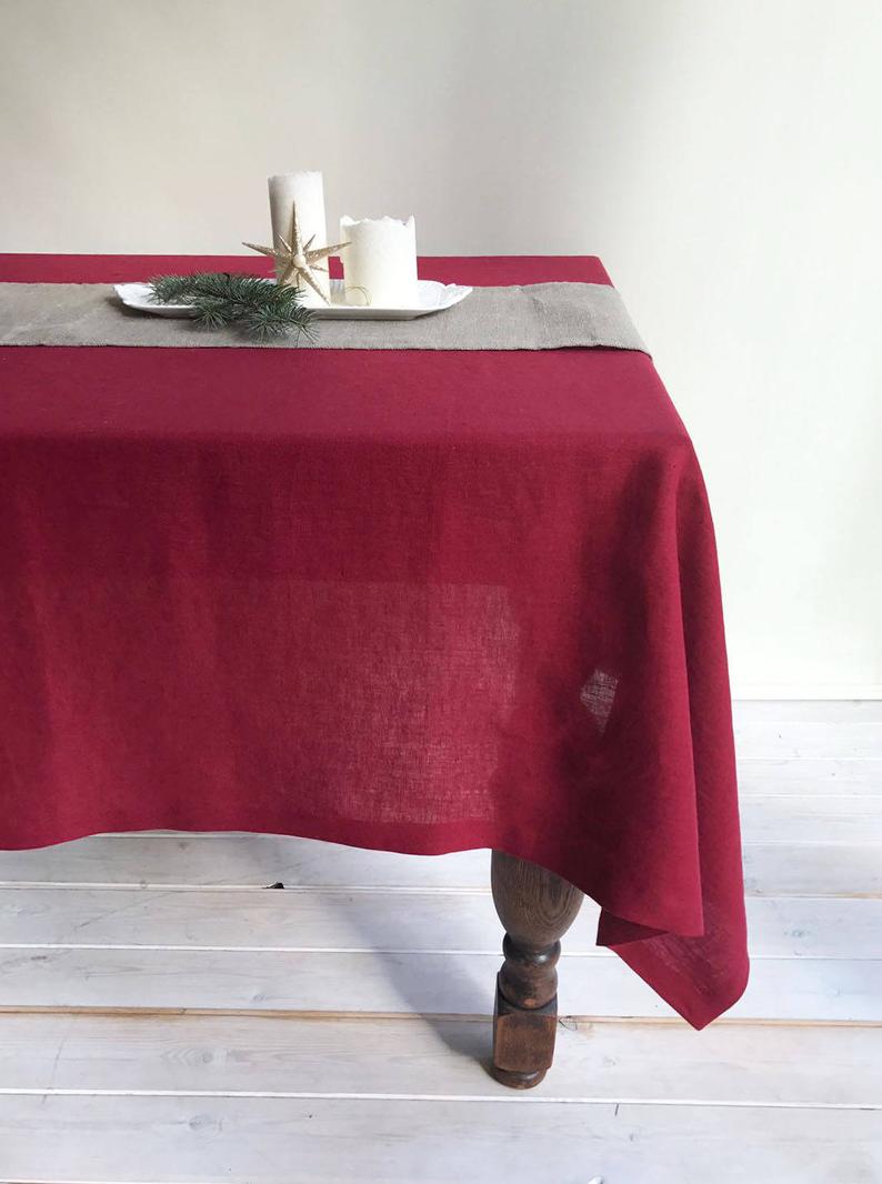 Maroon Red Linen Table Cloth, Christmas Linen Tablecloth