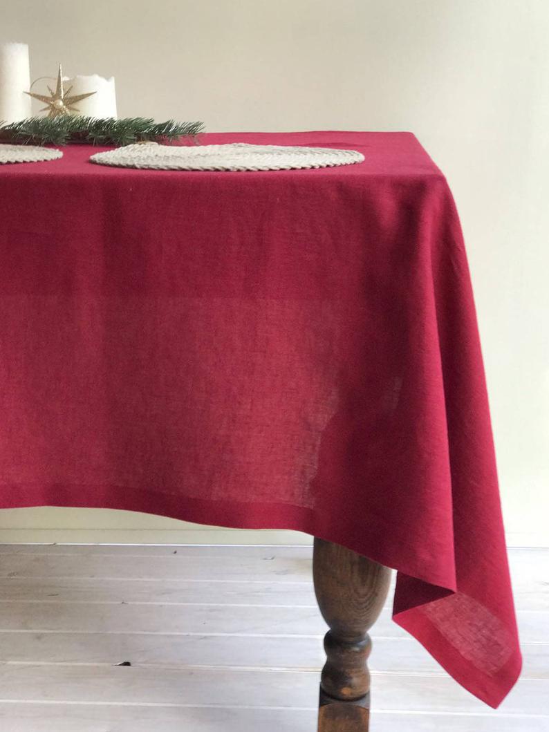 Maroon Red Linen Table Cloth, Christmas Linen Tablecloth