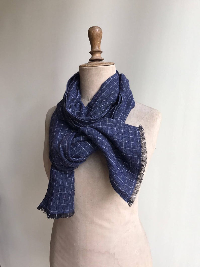 Linen Scarf Navy Windowpane - Linenbee