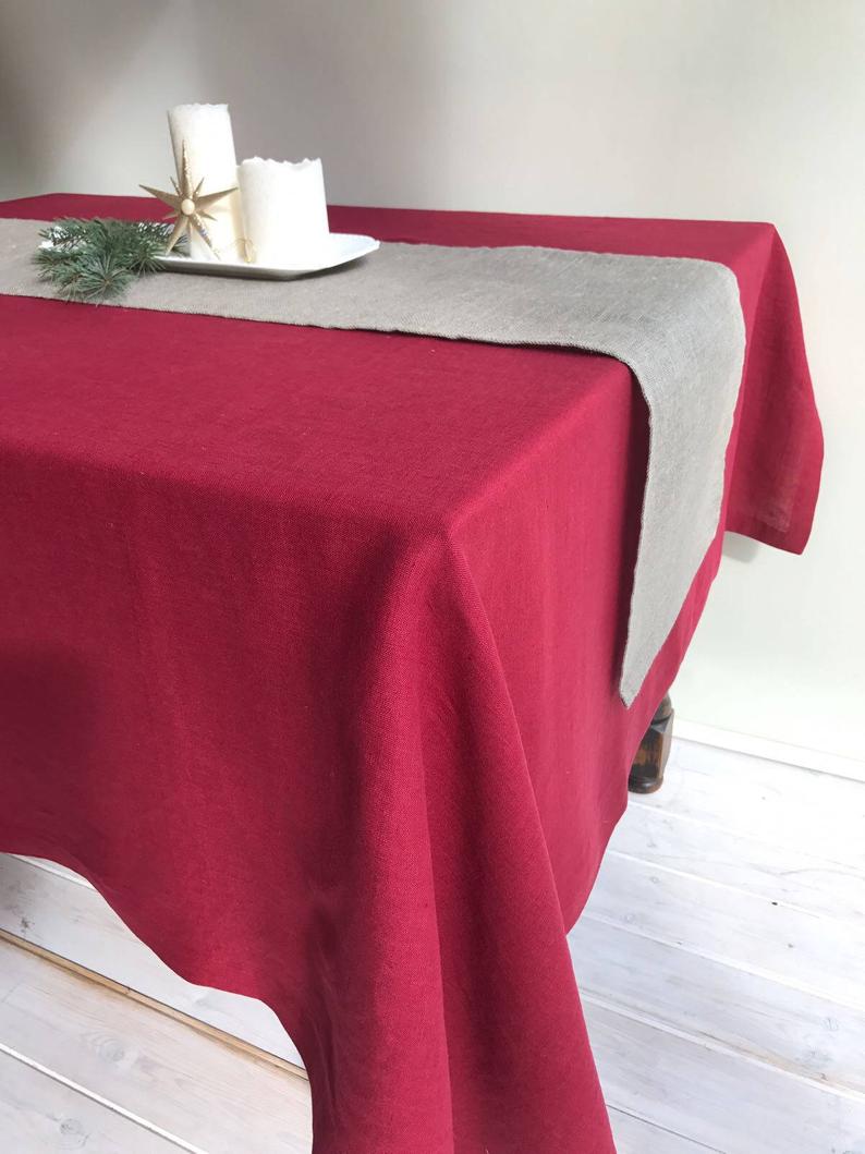Maroon Red Linen Table Cloth, Christmas Linen Tablecloth