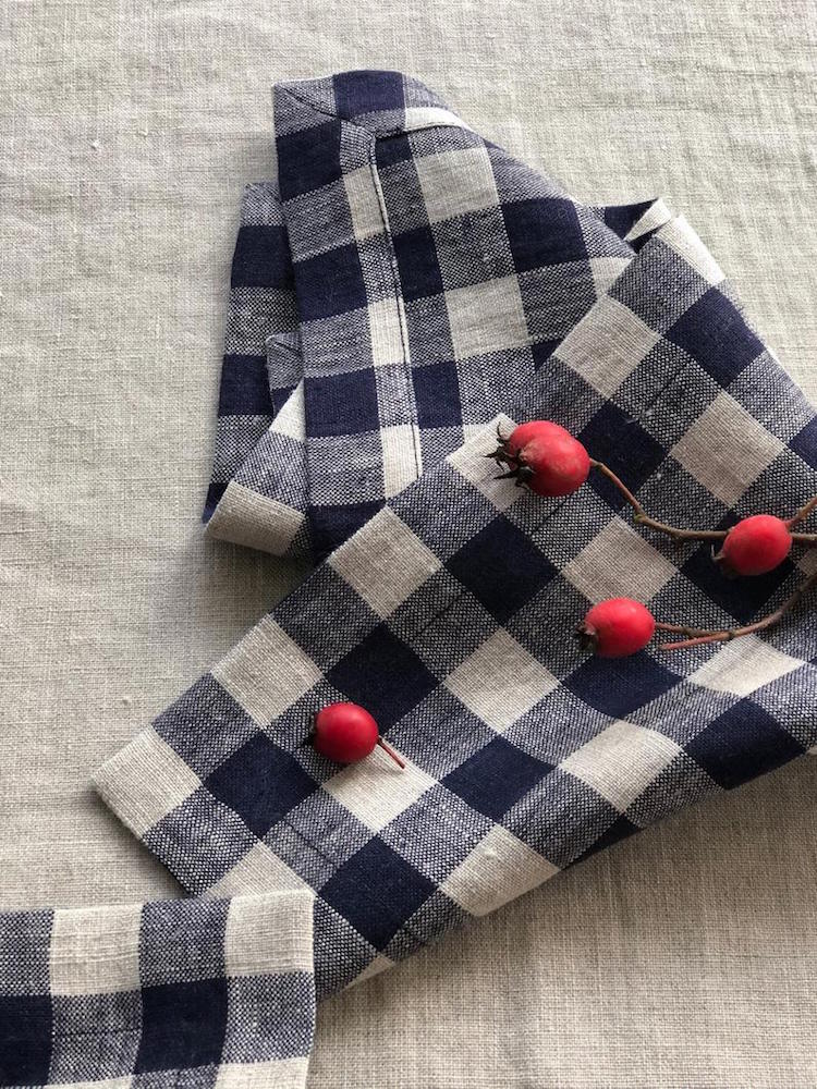 Blue Checks Linen Napkins, Set of Six Natural Cloth Napkins