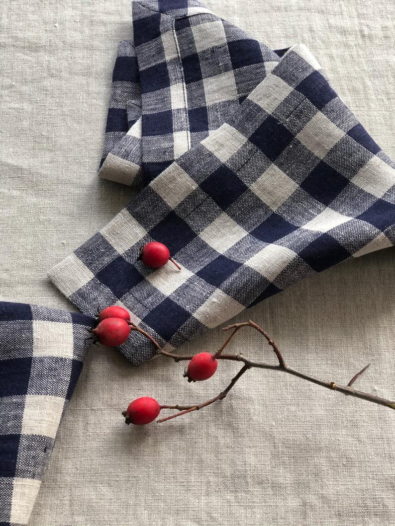 Blue Checks Linen Napkins, Set of Six Natural Cloth Napkins