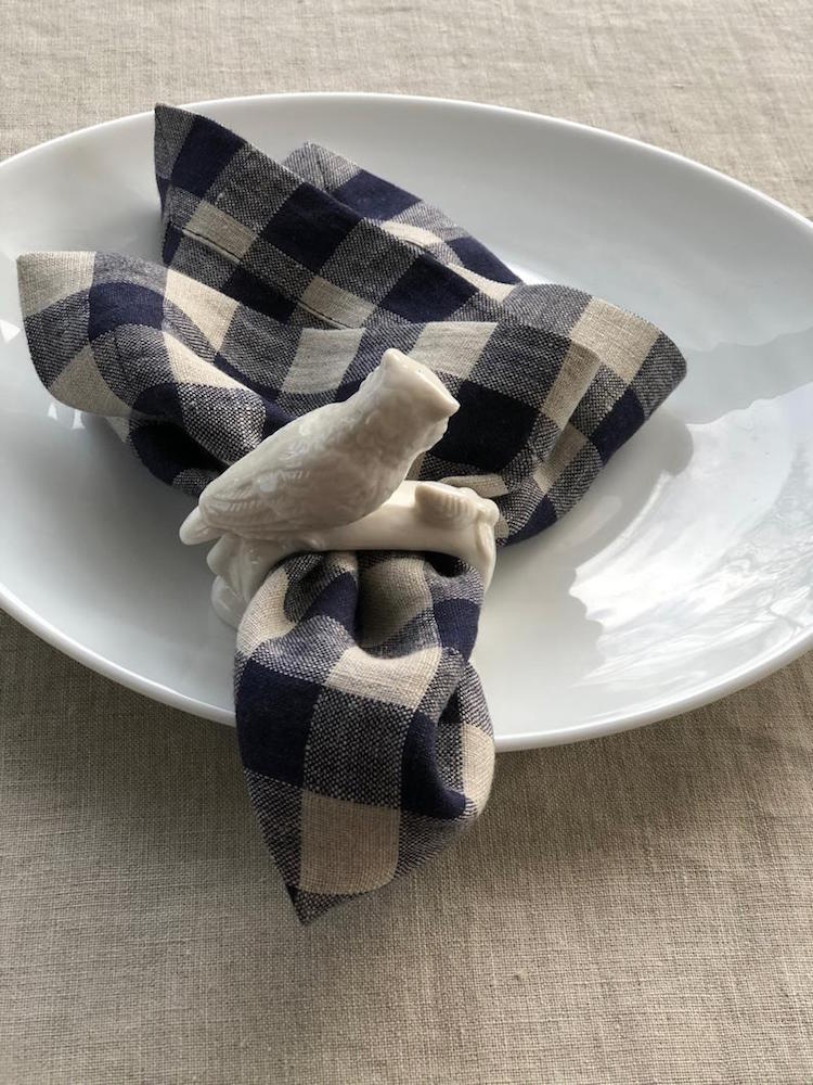 Blue Checks Linen Napkins, Set of Six Natural Cloth Napkins