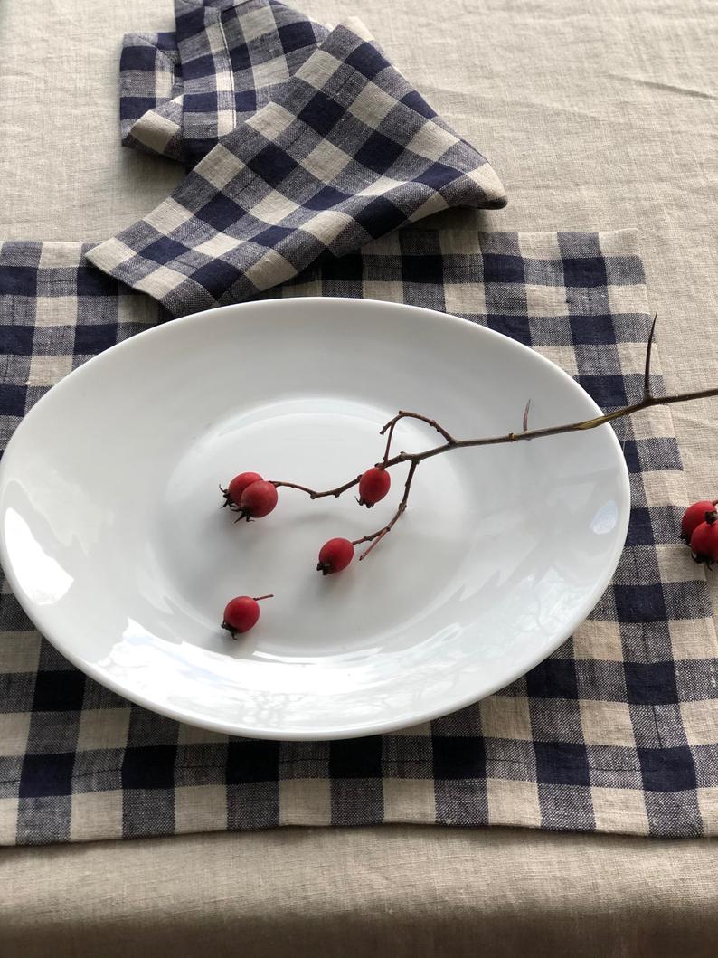 Blue Checks Linen Napkins, Set of Six Natural Cloth Napkins